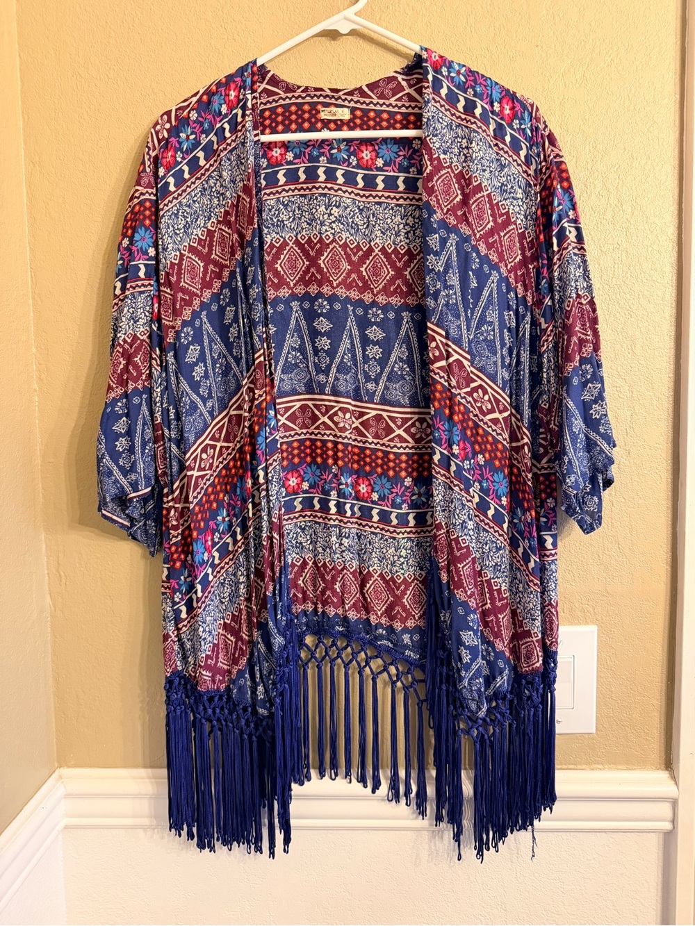 Hollister Boho Fringe Kimono in Blue and Burgundy - Lightweight Draped Shawl